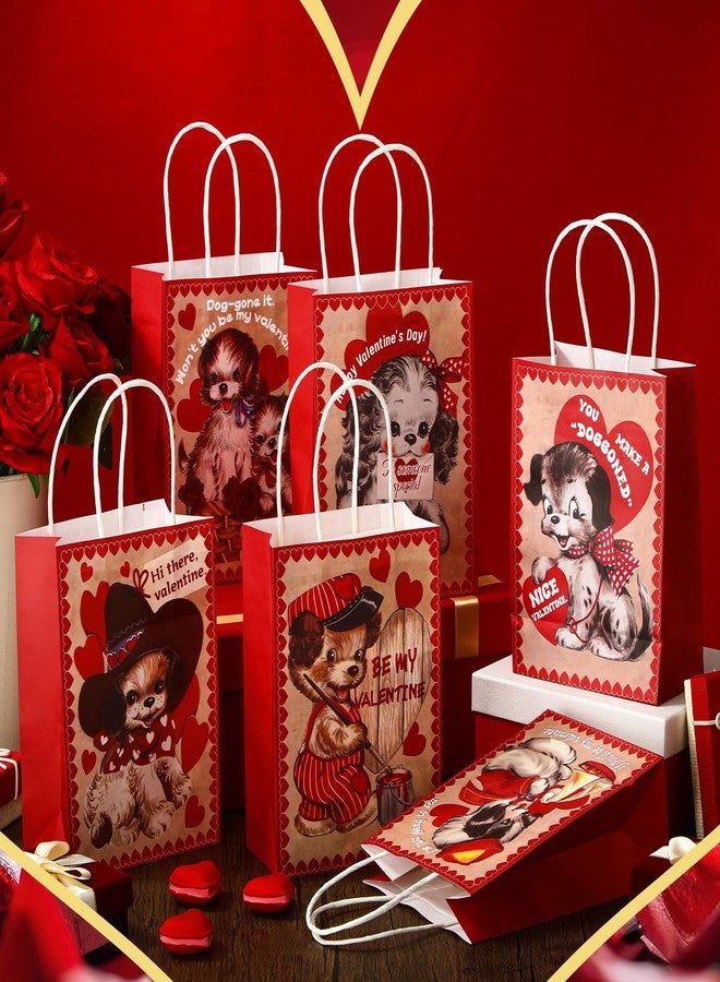 Trandraft 24 Pcs Vintage Valentine's Day Gift Bags with Handle Retro Valentines Love Heart Kraft Paper Goodie Bags for Valentines Treats Goody Holiday Party Supplies Favors(Dogs) - Image 2
